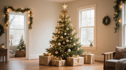 An indoor scene featuring a beautifully decorated Christmas tree adorned with warm white lights and delicate ornaments. Christmas, Christmas Tree, Merry Christmas, Christmas Background