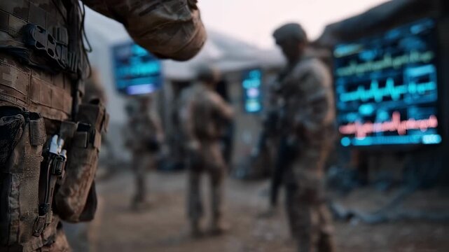 Focused medium shot of soldiers forearm with a hightech vitals monitoring patch faint blurred figures of medics and digital screens in background highlighting remote medical