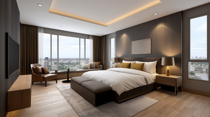 Interior of a modern luxury hotel bedroom with a panoramic city view