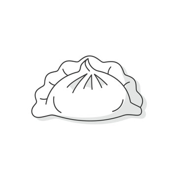 Line art illustration of a single traditional Asian dumpling with pleated edges and a rounded shape, typically served as a snack or meal.
