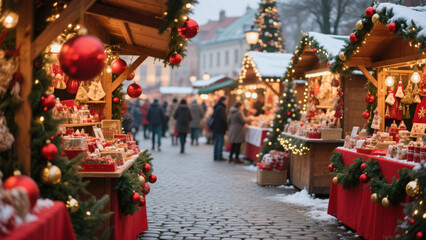 Fototapeta premium A winter scene depicting a bustling outdoor Christmas market. Christmas, Christmas Tree, Merry Christmas, Christmas Background, Christmas Lights