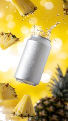 Refreshing Pineapple Drink Can with Splash and Ice on Yellow Background
