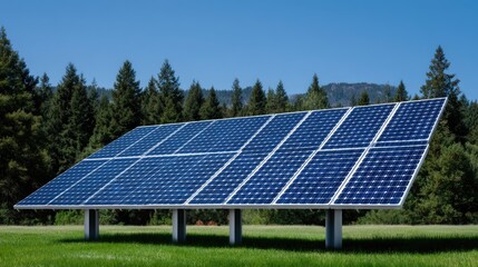 Solar panels stand in a lush green field, harnessing sunlight for energy. The panels are positioned at an angle, surrounded by tall trees, creating a harmonious blend with nature