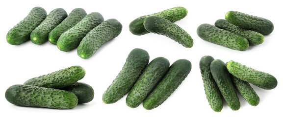 Fresh ripe cucumbers isolated on white, collage