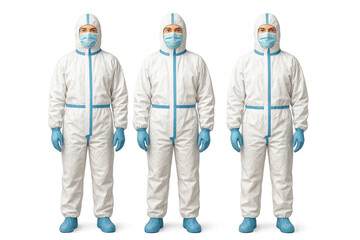 Three Healthcare Workers Wearing Hazmat Suits and Masks on Transparent Background