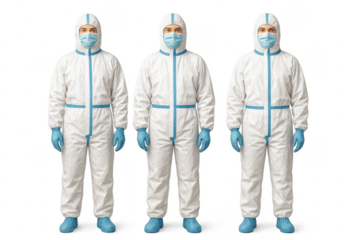 Three Healthcare Workers Wearing Hazmat Suits and Masks on Transparent Background