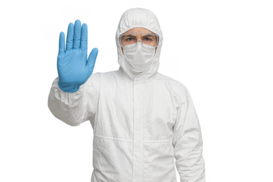 Doctor wearing hazmat suit showing stop sign with transparent background