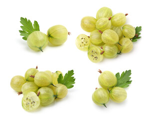 Fresh green gooseberries on white background, set. Top and side view