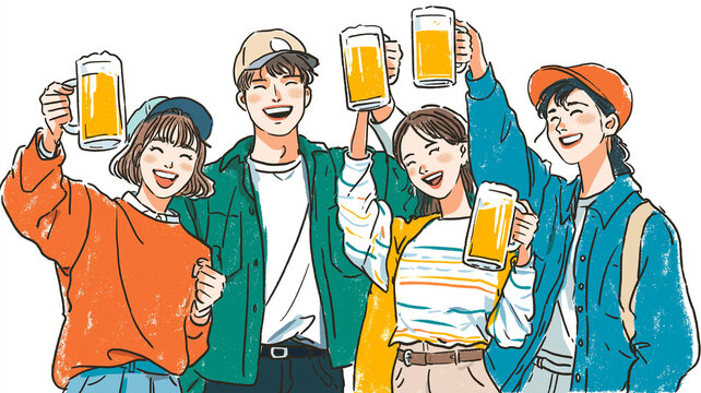 ビールを持ち上げて乾杯する男女グループのアニメ風イラスト。笑顔と楽しさがあふれる表情が仲間との時間の大切さを表現。飲み会、同窓会、仲間、パーティー、明るい雰囲気を演出するイラスト。