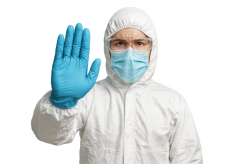 Doctor wearing hazmat suit showing stop sign with hand on transparent background