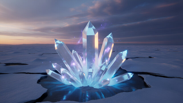Glowing crystal cluster emerges from the cracked ice in a winter landscape - Powered by Adobe