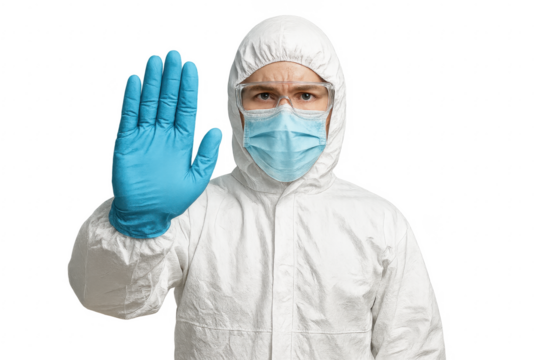 Doctor wearing hazmat suit showing stop sign with hand on transparent background