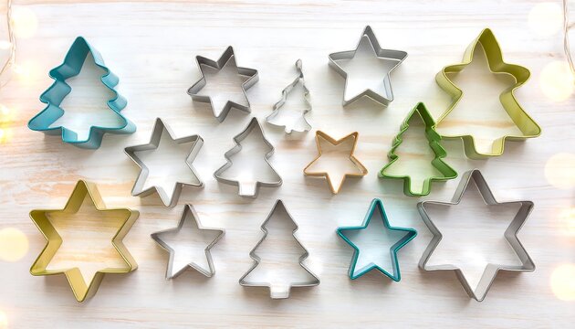 Christmas cookie cutters on a light wood surface