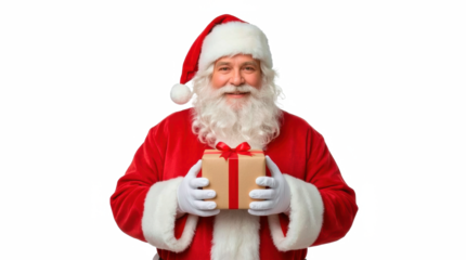 Santa Claus Holding Christmas Gift Box Isolated on transparent png. 
