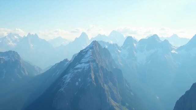 Aerial view of mountains in summer. Drone top view of high cliffs, snow, sky with clouds. Mountain peaks. Mystical landscape, smooth drone flight