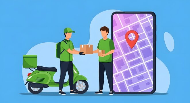 Delivery Action, Courier and Customer, Urban Area, Illustration, Digital Environment, Side View, Efficient Service Concept