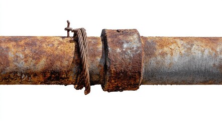Heavily rusted metal pipe section with a corroded coupling secured by wire.  Shows significant surface degradation and age