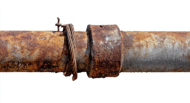 Heavily rusted metal pipe section with a corroded coupling secured by wire.  Shows significant surface degradation and age