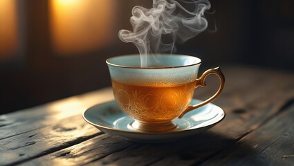 Steaming Teacup on Wooden Table. (1)