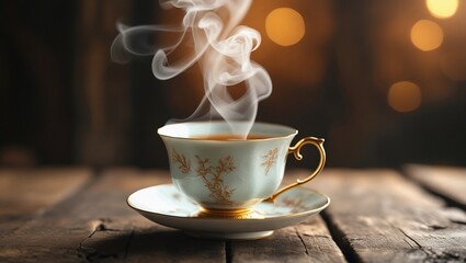 Steaming Teacup on Wooden Table.