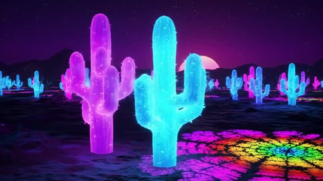 Neon Cactus Garden: Glowing Flora in a Psychedelic Desert Landscape at Night