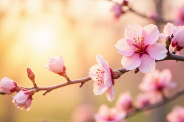 Obraz premium Horizontal banner with sakura flowers of pink color on sunny backdrop. Beautiful nature spring background with a branch of blooming sakura.