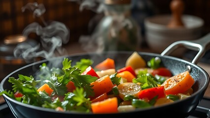 Fresh vegetables cooking in a pan with steam rising, warm and inviting kitchen atmosphere.