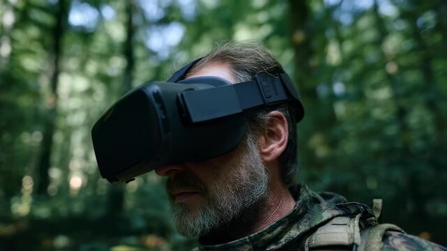 Focused medium shot of PTSD sufferer using VR headset amid calming digital woods capturing contemplative facial features distant forest elements faded softly out of focus.