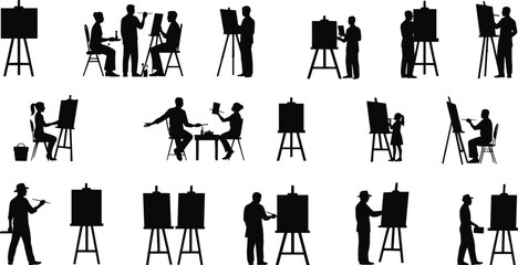 Silhouette, artist, painting, drawing, easel, art, class, creative, education, teacher, student, children, learning, workshop, palette, brush, illustration, design, creativity, studio