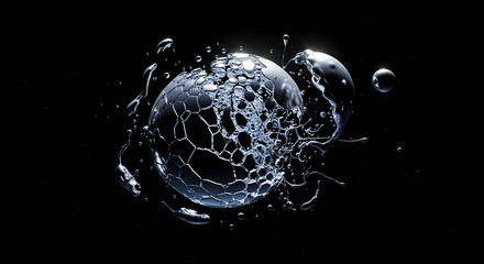 Dynamic Splash of Water Droplets on a Black Background with Iridescent Bubble Texture and Fluid Motion Effects