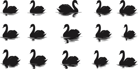Black swan silhouettes, water reflection pattern, elegant bird design, nature wildlife art, minimalist illustration, graceful animal motif, decorative symmetry, serene lake scene, artistic