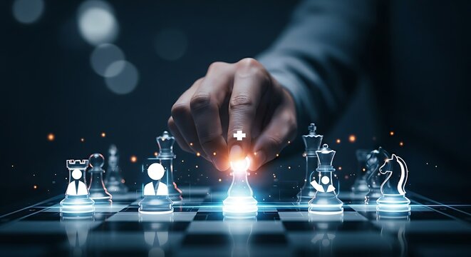 Competitor analysis concept. A hand places pieces on a holographic chessboard, where each piece represents a competitor in the market.