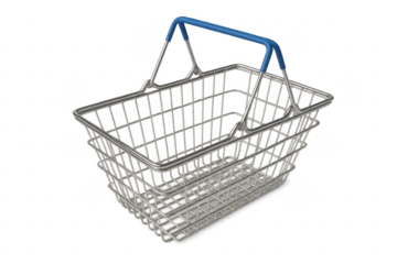 Empty metal shopping basket with blue handle on transparent background