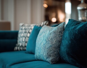 a teal blue color sofa with decorative pillows