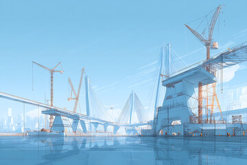 Obraz premium 未来的な高層建設現場で活動する作業員とクレーン群のシルエット風景