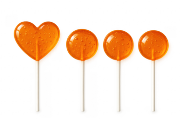 Orange lollipops with heart and round shape on transparent background