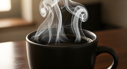 Close up of a dark mug filled with hot steaming coffee on a wooden table with soft natural light