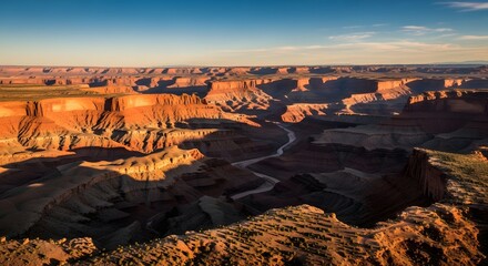 Majestic desert canyon landscape bathed in warm golden hour sunlight revealing dramatic rock formations and winding river below