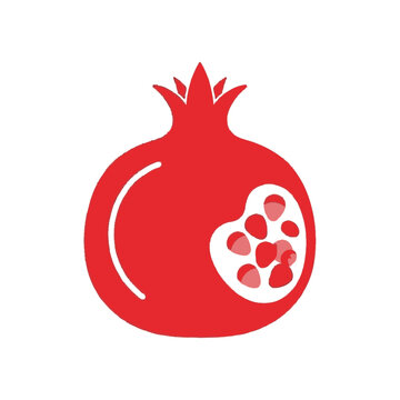 Stylized red pomegranate fruit illustration with a section showing seeds on a white background, depicting a healthy and fresh food item.