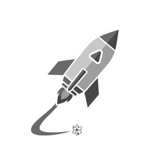 A stylized rocket ship with a trail of smoke and a small atom symbol, suggesting space exploration and scientific advancement.