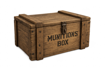 Closed wooden munitions box with metal lock on transparent background