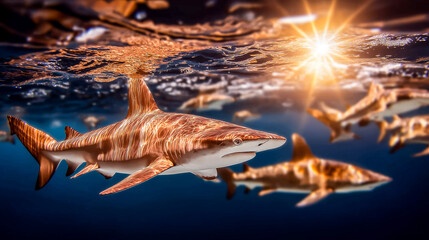 Beautiful cinematic underwater shot of a school of hammerhead sharks slowly circling in deep blue water, sunlight dimming with depth, high realism, sense of scale