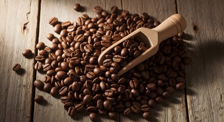 Obraz premium A rustic wooden scoop filled with dark roasted coffee beans scattered on a weathered wooden surface with natural light
