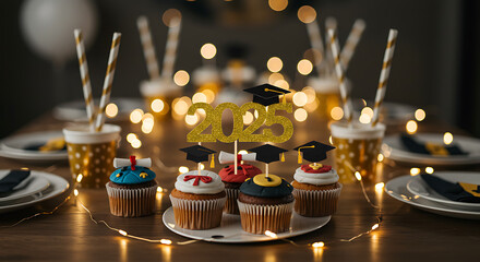 Festive 2025 Graduation Celebration Table with Cupcakes, Drinks, and Warm Bokeh Lights