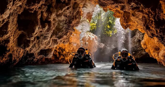 Cave diving exploration scene with scuba divers entering a sunlit underwater cave in clear tropical waters, beams of light and rugged rock formations, dramatic and immersive