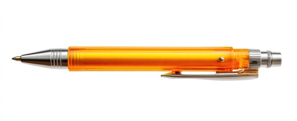 Orange translucent pen with silver accents and a clip, lying horizontally