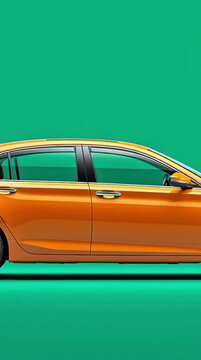 an orange modest sedan car from the 2010s driving, full side view, isolated on solid chroma key green background, photorealistic, cinematic lighting