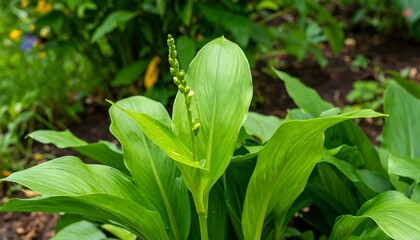 Fototapeta premium Close-up of vibrant green plant leaves with small white flower buds