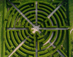 Aerial view of a vibrant green hedge maze, showcasing intricate circular patterns and winding paths. A challenging botanical design.