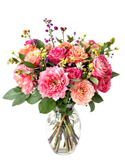 Fototapeta premium A beautiful bouquet of vibrant pink and peach garden roses in a clear glass vase, an elegant floral arrangement isolated on a white background